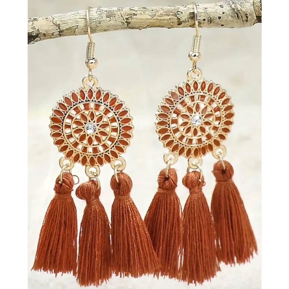 🆕 Brand New! Boho Rust/Brown Gold Dangle Earrings